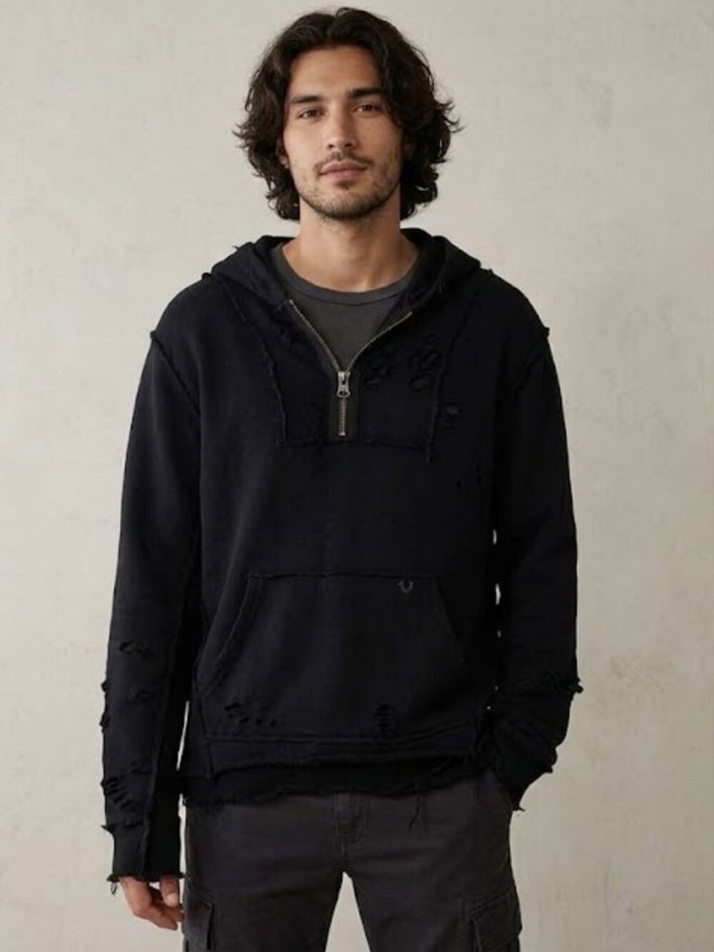 True Religion Distressed Half-Zip Hoodie Sweater Black Medium